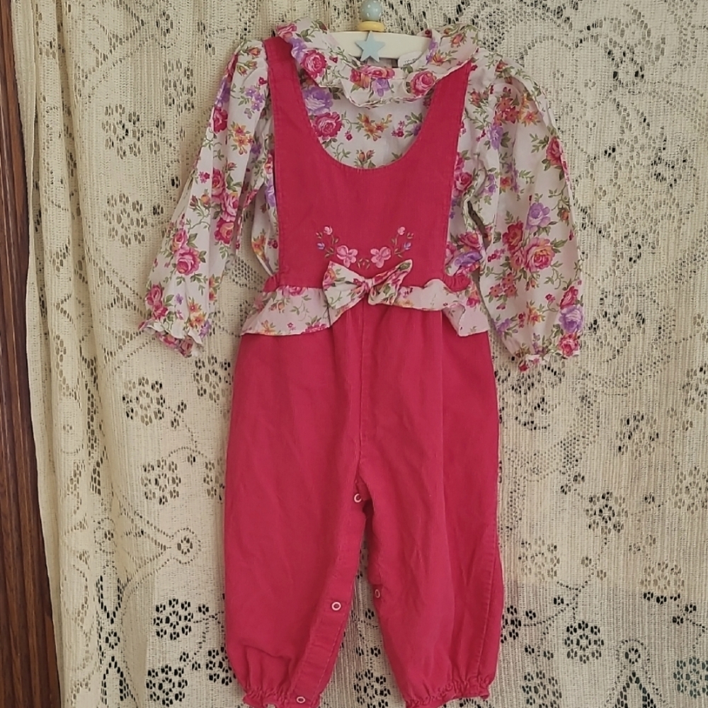 Vintage Floral Pink Overalls With Matching Long Sleeve Ruffle Top, Size 24 Month